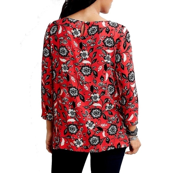 J. Jill Tunic Top Red Floral Filigree Viscose Rayon Boat Neck Keyhole Back - Picture 10 of 16